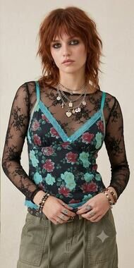 Vintage Y2K Tracy Aqua Blue Rose Floral Satin Lace Trim Camisole L Whimsigoth